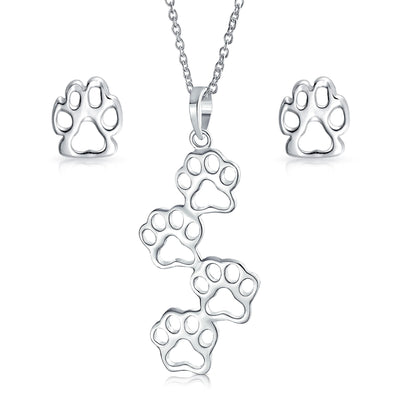 Animal 4 Multi Paw Prints Pendant Necklace & Stud Earrings Set Sterling Silver