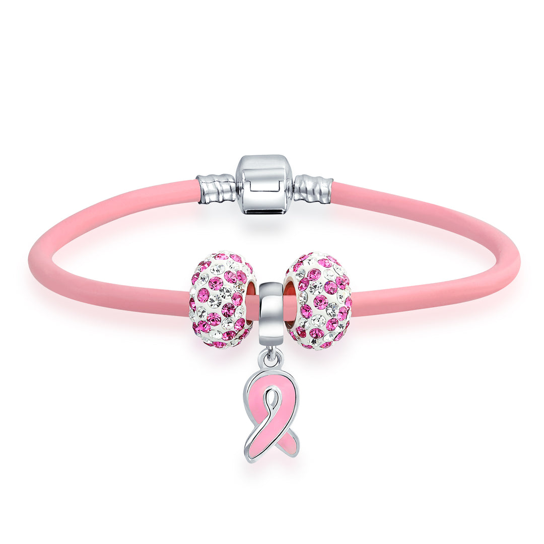 Empowerment Pink Ribbon Charm Bracelet Genuine Leather