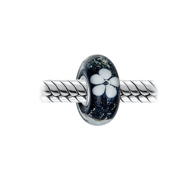Set of 4 Black White Floral Glass Charm Bead for European Bracelets Silver Core