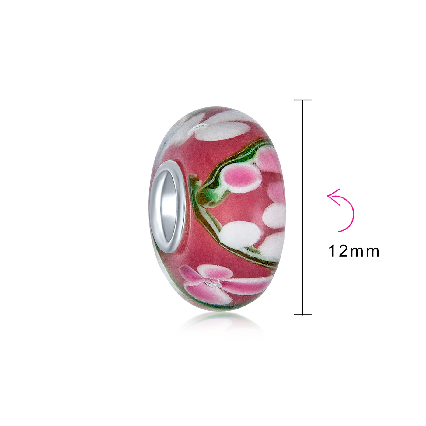 Set of 4 Pink Red Floral Hibiscus Glass Charm Bead Silver for European Bracelet