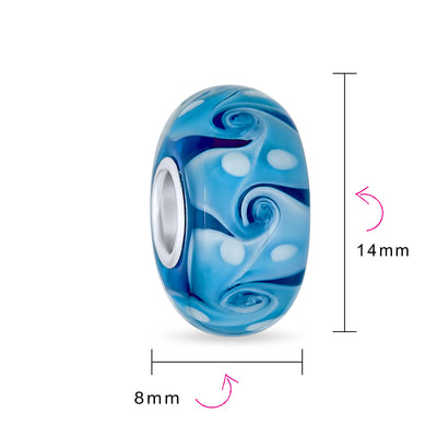 Set of 4 Murano Glass Charm Bead Blue Aqua Wave Swirl Spacer Silver Core - Bling Jewelry