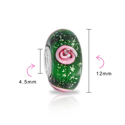 Set of 2 Murano Glass Charm Bead Sterling Silver Core Floral Blue Pink Green