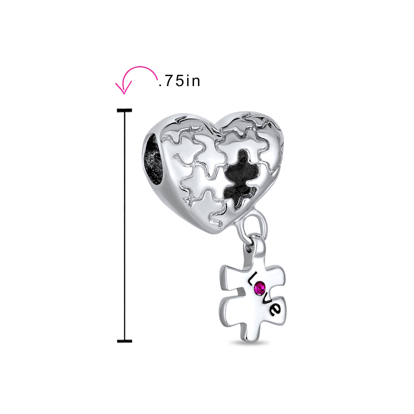 Autism Awareness Puzzle Piece Heart Love Charm Bead Sterling Silver