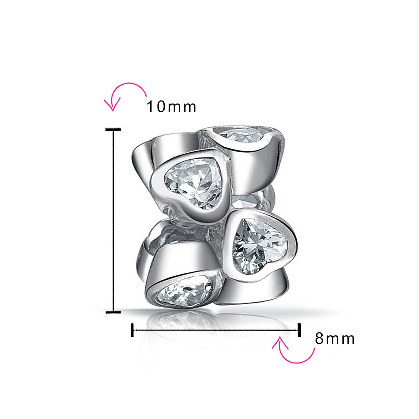 White CZ Cluster Bezel Set Hearts Spacer Charm Bead Sterling Silver