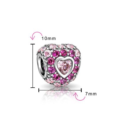 Set of 2 Pink CZ Pave Heart Charm Bead Sterling Silver for European Bracelet