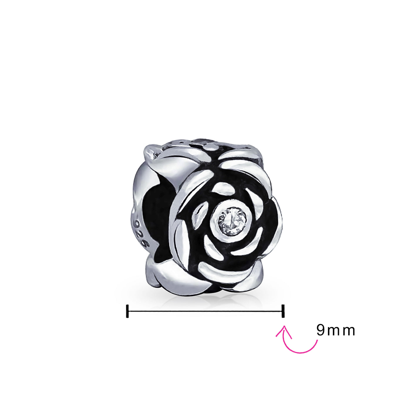 Black Rose Charm Bead with Flower CZ Accent for European Bracelet Sterling Silver