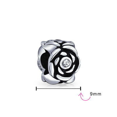 Black Rose Charm Bead with Flower CZ Accent for European Bracelet Sterling Silver