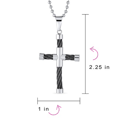 Black Cable Cross Pendant Unisex Black Silver Stainless Steel Bead