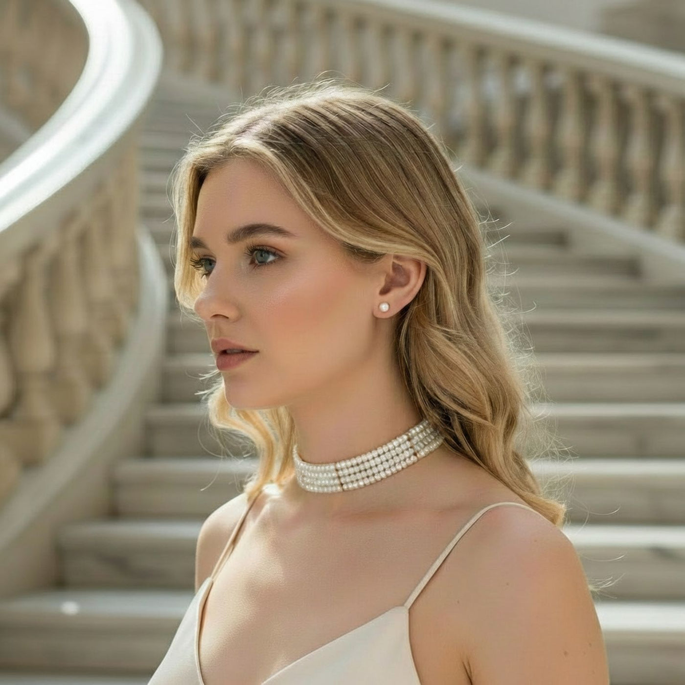 4-Row Freshwater Cultured Pearl Choker & 10K Gold Button Stud Earrings Set