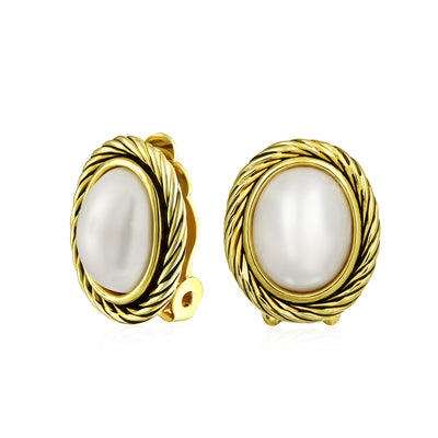 Oval White Imitation Clip-On Earrings Ears Gold Plated Brass