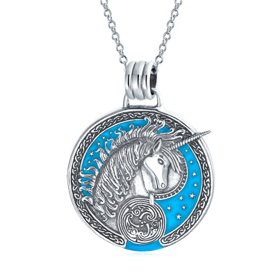 Pegasus Unicorn Medallion Necklace & Dangle Earring Set Oxidized Sterling Silver
