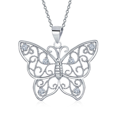 Butterfly Necklace Filigree Cubic Zirconia CZ Pendant Sterling Silver
