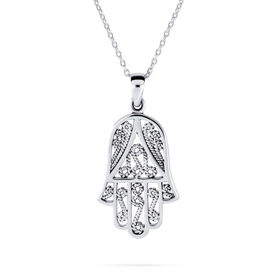 Set of 2 Yoga Filigree Hamsa Pendant Necklace Sterling Silver Hand of God Amulet