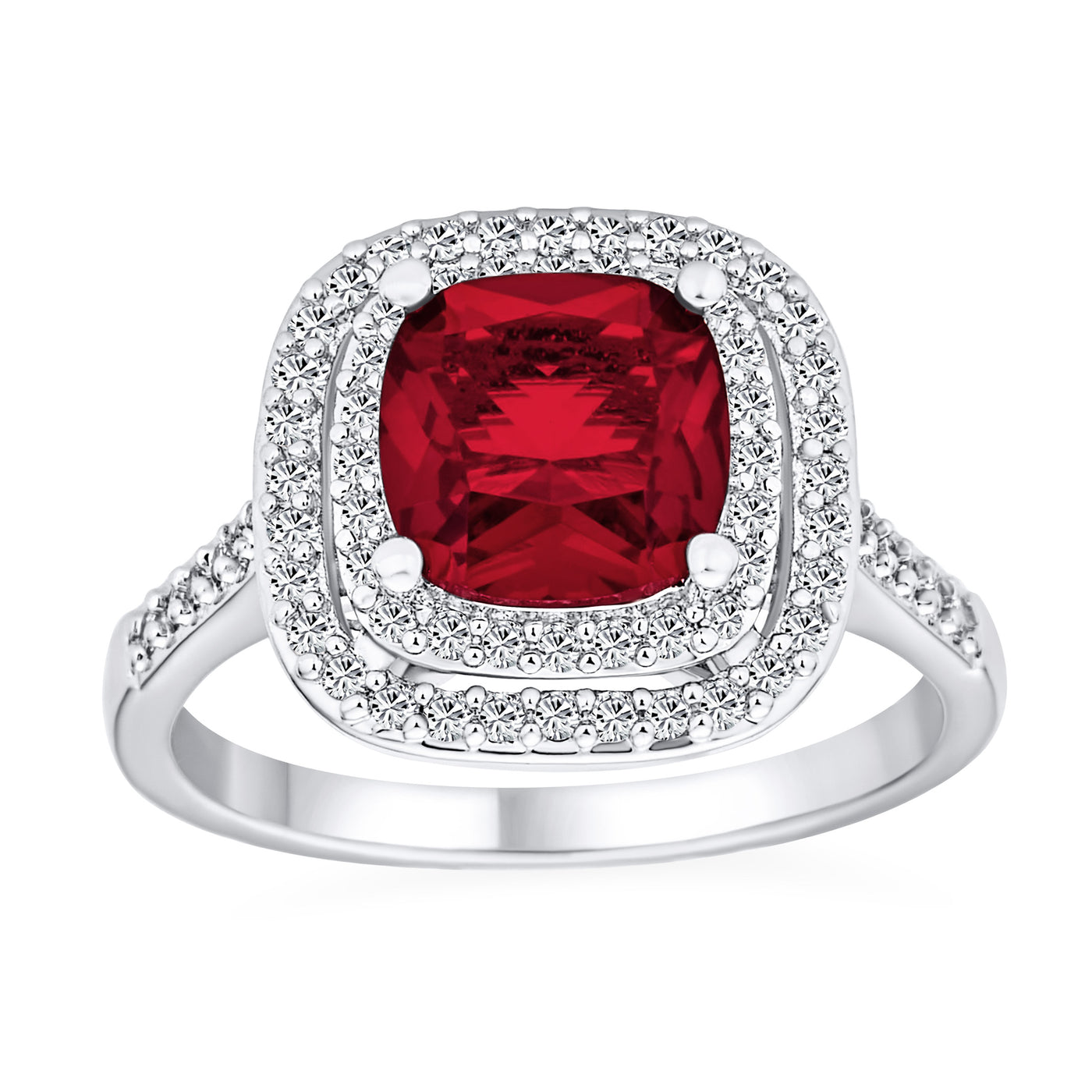 Vintage Simulated Red Ruby CZ Cushion-Cut Cocktail Statement Ring Silver Plated