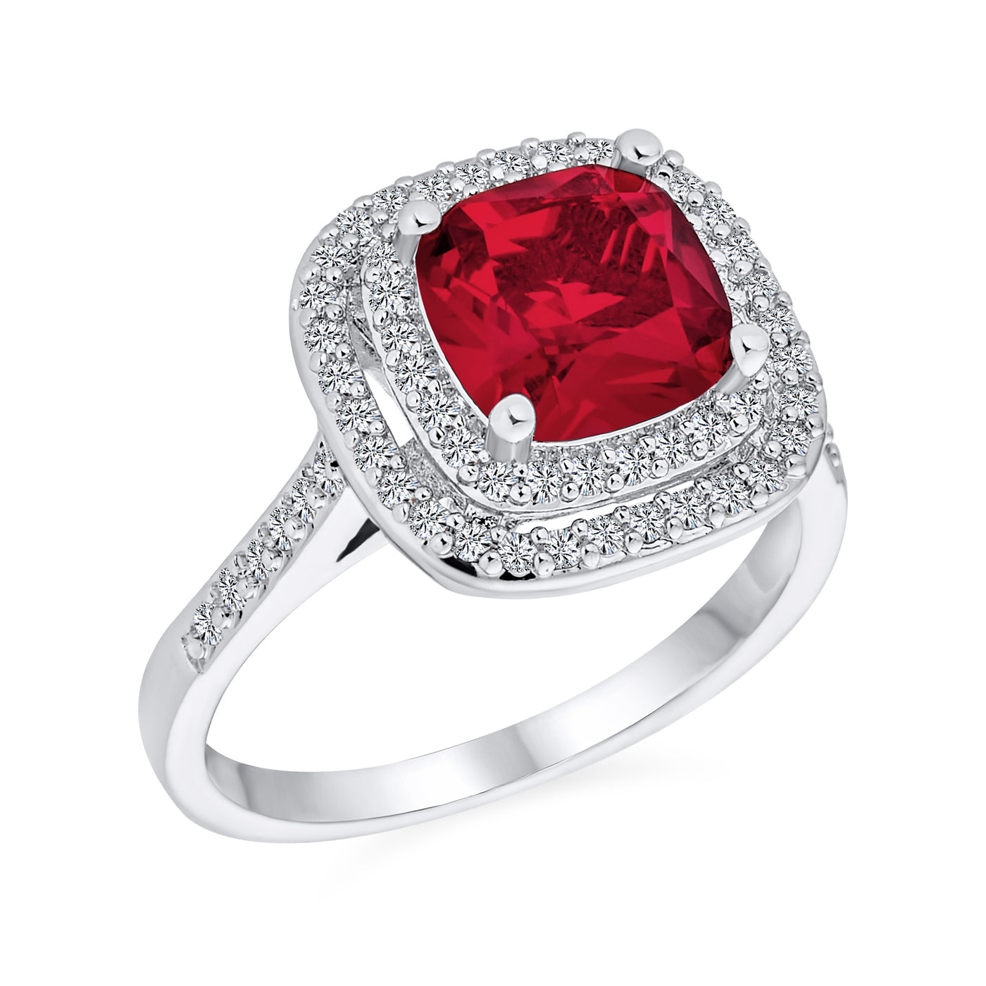 Vintage Simulated Red Ruby CZ Cushion-Cut Cocktail Statement Ring Silver Plated