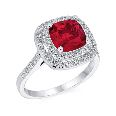 Vintage Simulated Red Ruby CZ Cushion-Cut Cocktail Statement Ring Silver Plated
