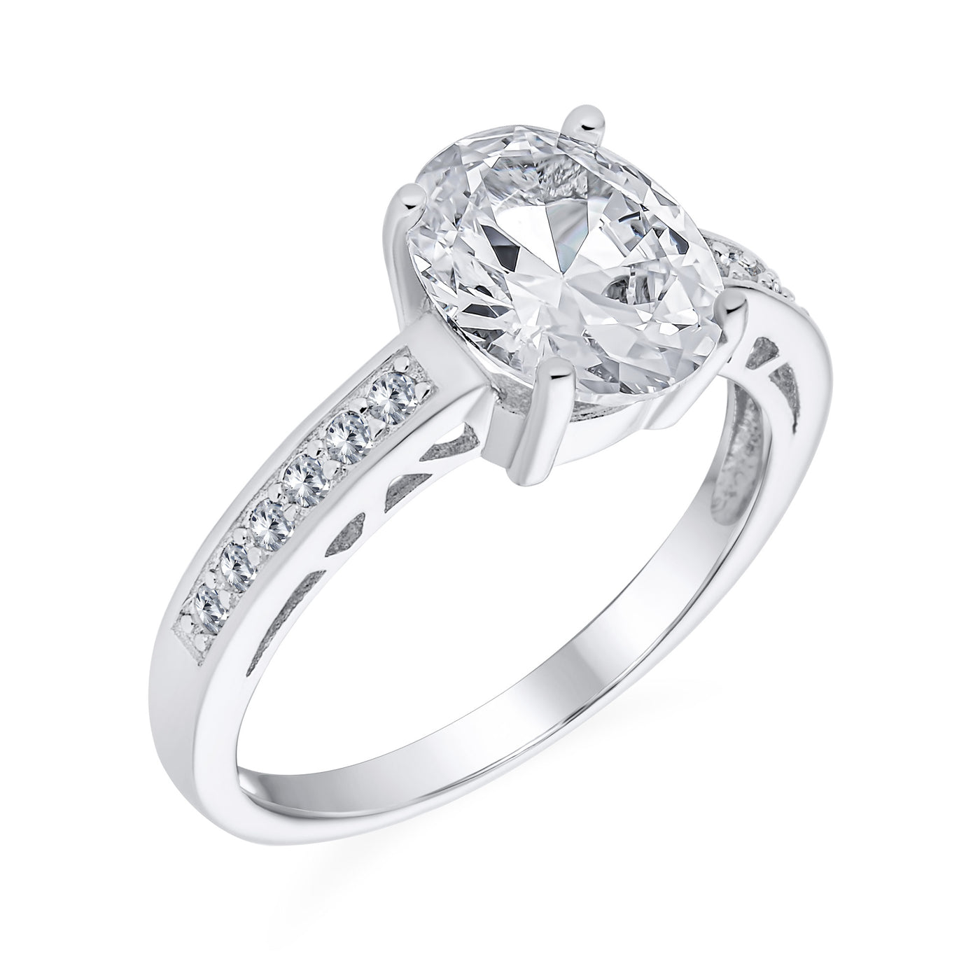 Traditional 3CT Oval Solitaire Engagement Ring with CZ Pave Filigree Band Silver
