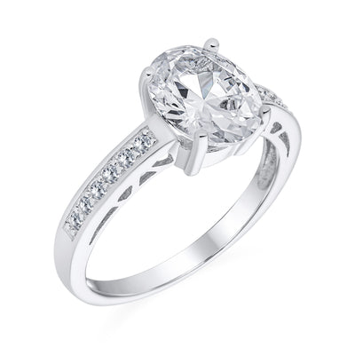 Traditional 3CT Oval Solitaire Engagement Ring with CZ Pave Filigree Band Silver