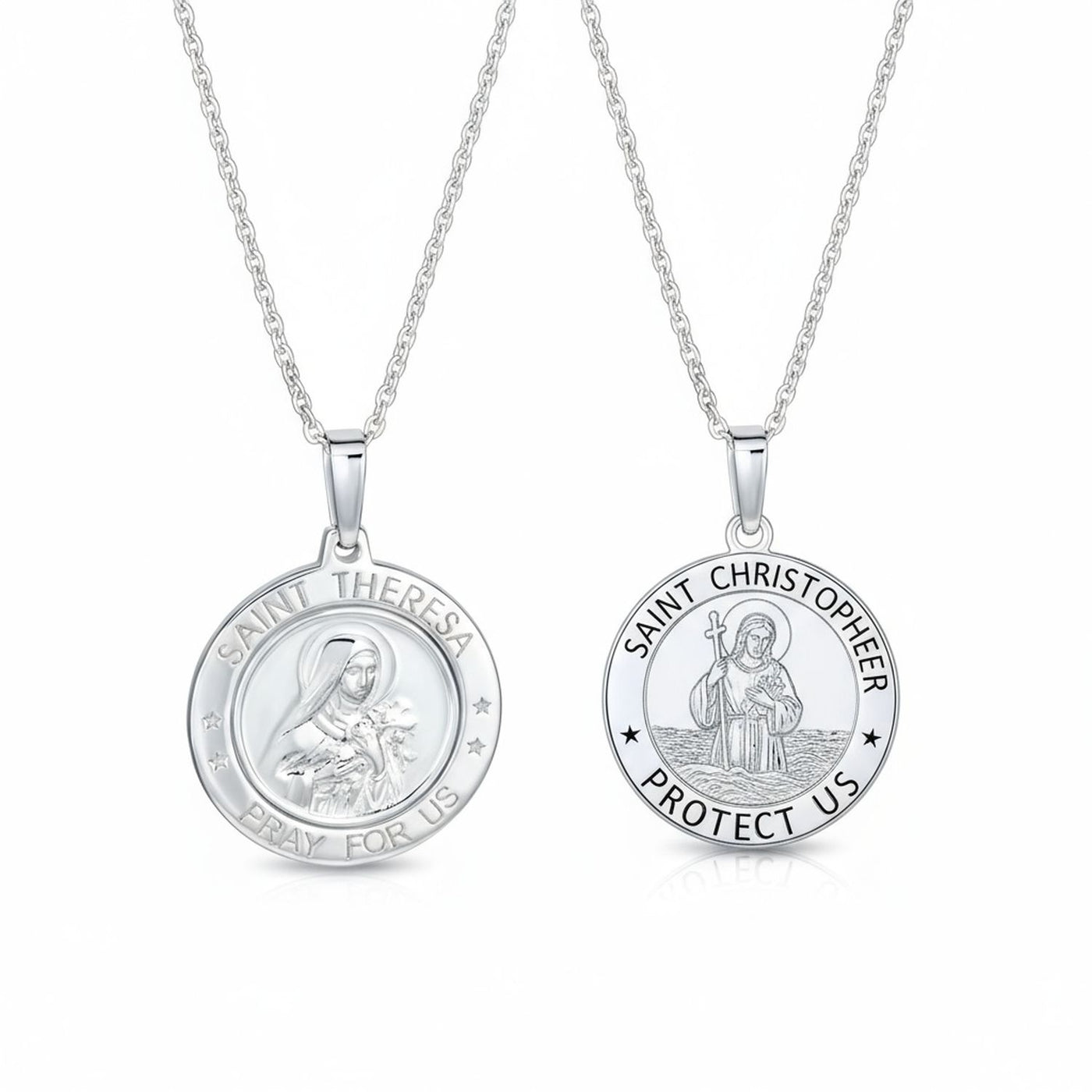 Set of 2 Round Medallion Saint Christopher & Saint Theresa Necklace Silver