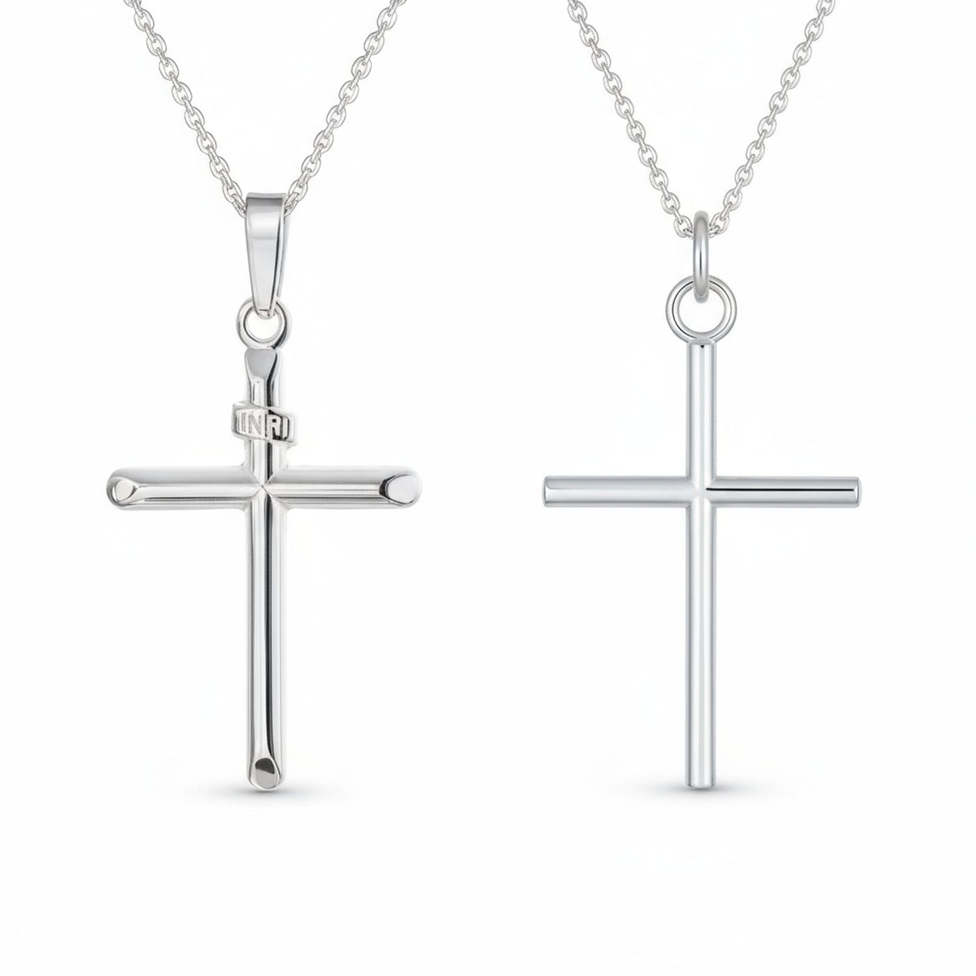 Set of 2 Tube Cross Medium & Large Pendant Necklace Polished Sterling Silver