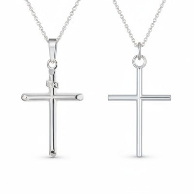 Set of 2 Tube Cross Medium & Large Pendant Necklace Polished Sterling Silver