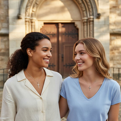 Set of 2 Tube Cross Medium & Large Pendant Necklace Polished Sterling Silver