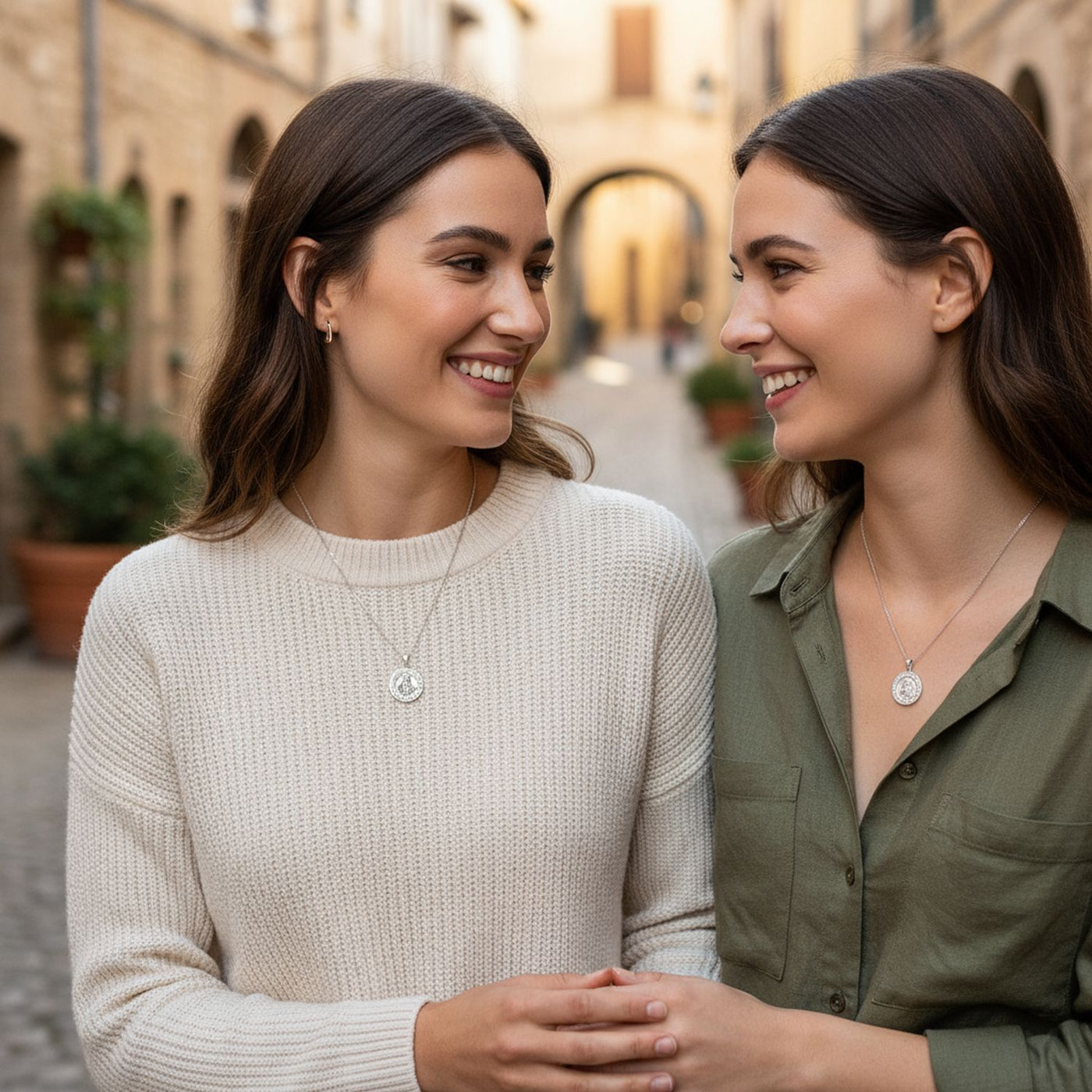Set of 2 Round Medallion Saint Christopher & Saint Theresa Necklace Silver