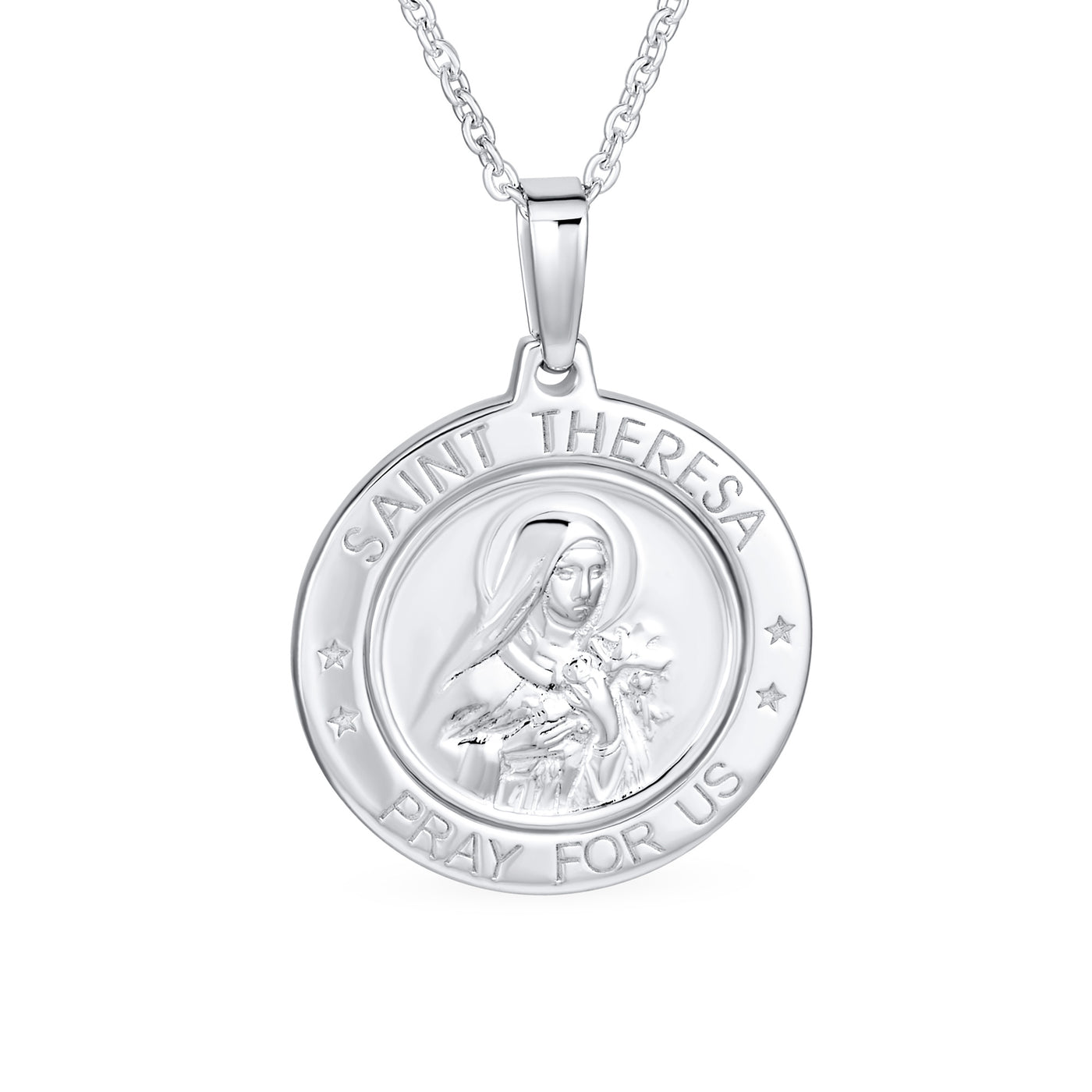 Set of 2 Round Medallion Saint Christopher & Saint Theresa Necklace Silver