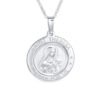 Set of 2 Round Medallion Saint Christopher & Saint Theresa Necklace Silver