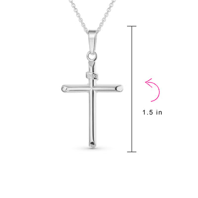 Set of 2 Tube Cross Medium & Large Pendant Necklace Polished Sterling Silver