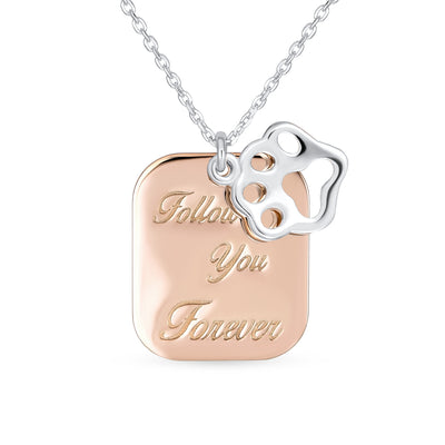 BFF Pet Paw Print Dog Tag Rose Gold Plated Necklace & CZ Paw Stud Earrings Set