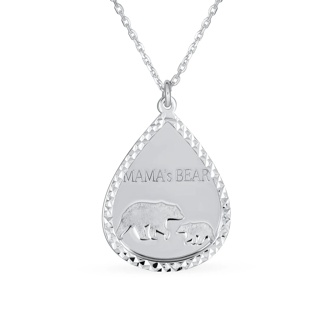 Mother Bear Cub Dangling Diamond-Cut Teardrop Pendant