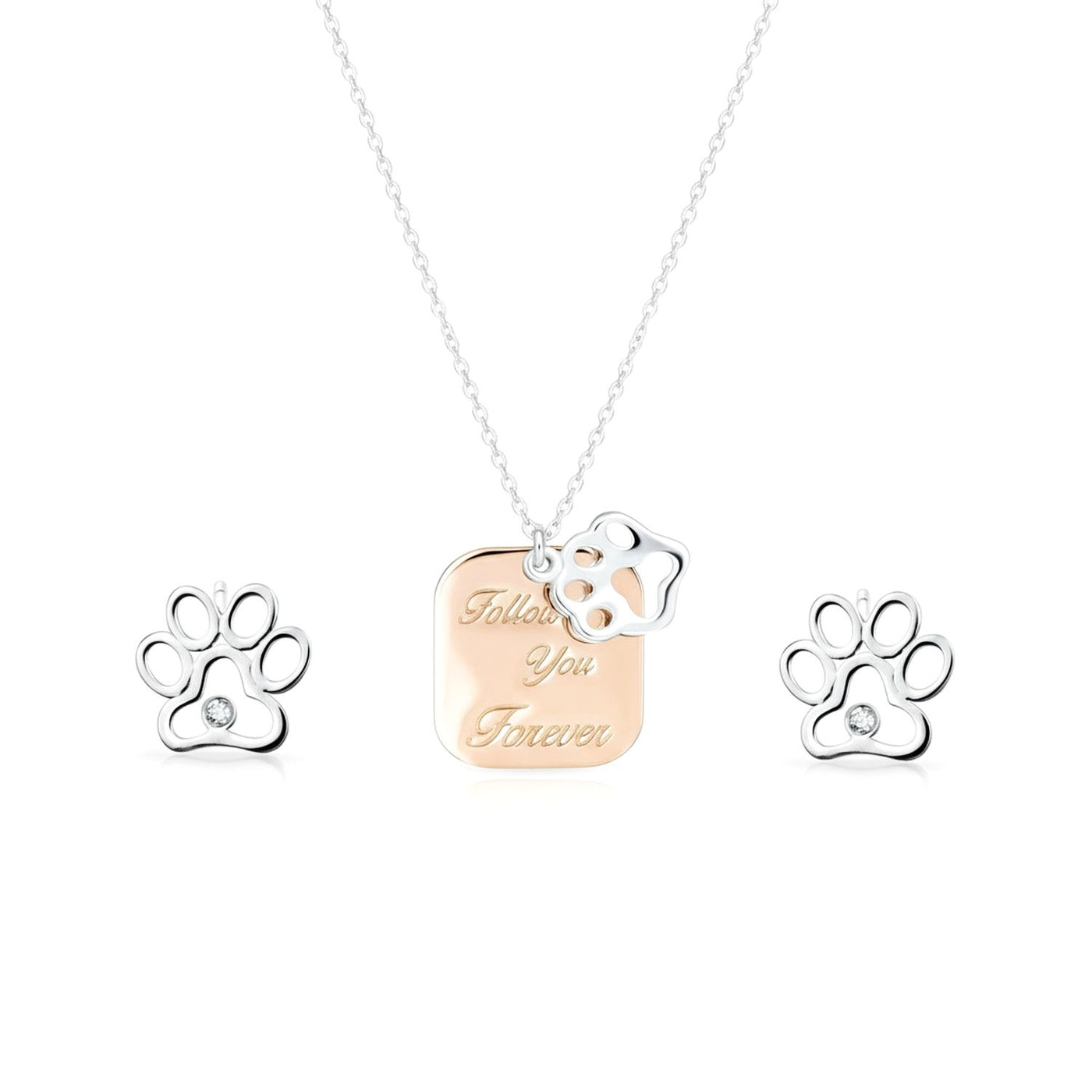 BFF Pet Paw Print Dog Tag Rose Gold Plated Necklace & CZ Paw Stud Earrings Set