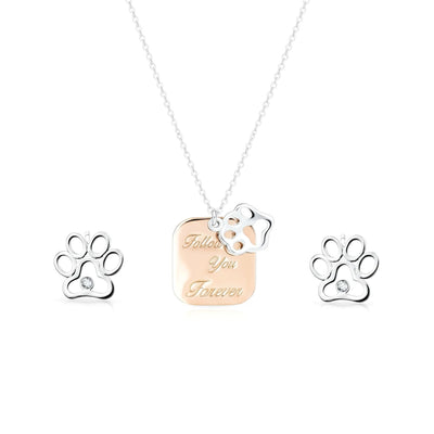 BFF Pet Paw Print Dog Tag Rose Gold Plated Necklace & CZ Paw Stud Earrings Set