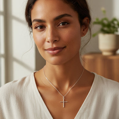 Minimalist Cross Pendant Necklace Sterling Silver Medium Tube Design