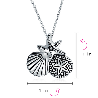 Nautical Sand Dollar Starfish Seashell Necklace & Earrings Set Sterling Silver
