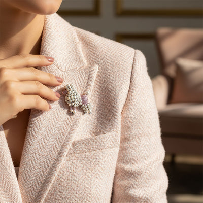 Crystal White Pearl Pink Poodle Brooche Pin Rhodium Plated