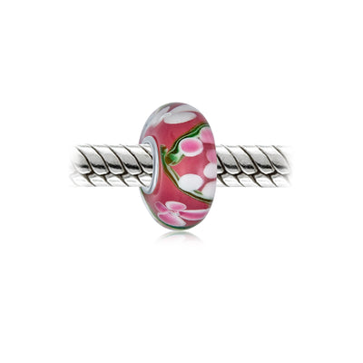 Set of 4 Pink Red Floral Hibiscus Glass Charm Bead Silver for European Bracelet