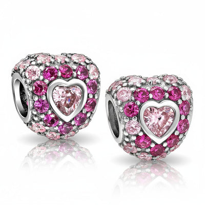 Set of 2 Pink CZ Pave Heart Charm Bead Sterling Silver for European Bracelet