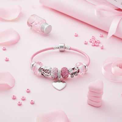 My Wife Heart Charm Bracelet Pink Leather Sterling Silver Beads 6.5-8.5 Inch