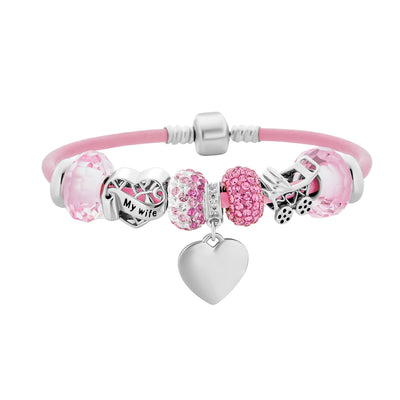 My Wife Heart Charm Bracelet Pink Leather Sterling Silver Beads 6.5-8.5 Inch