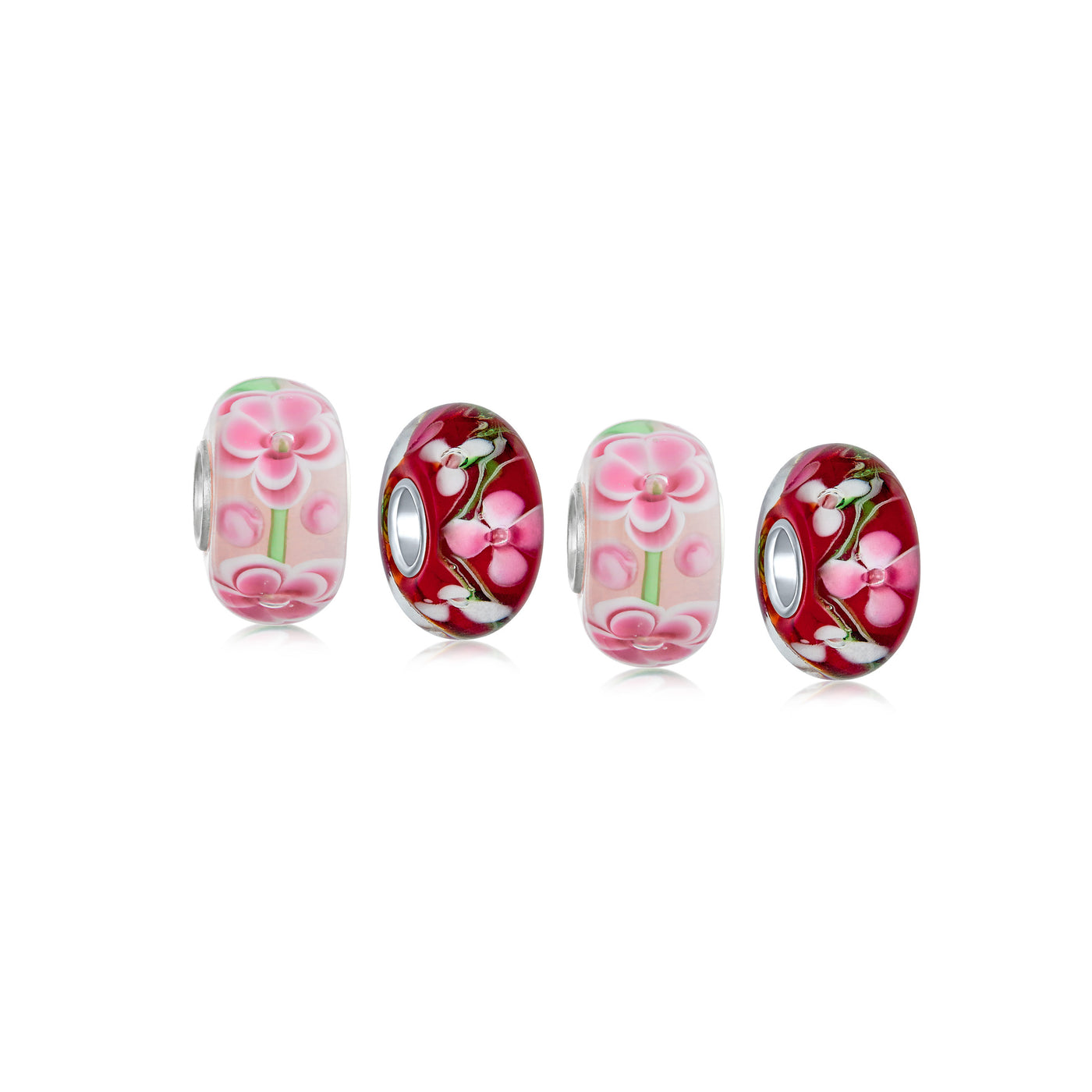 Set of 4 Pink Red Floral Hibiscus Glass Charm Bead Silver for European Bracelet