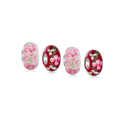 Set of 4 Pink Red Floral Hibiscus Glass Charm Bead Silver for European Bracelet