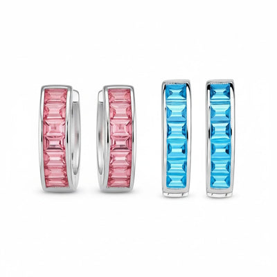 Set of 2 Baguette Cut Channel Set Blue & Pink CZ Hoop Earrings Sterling Silver