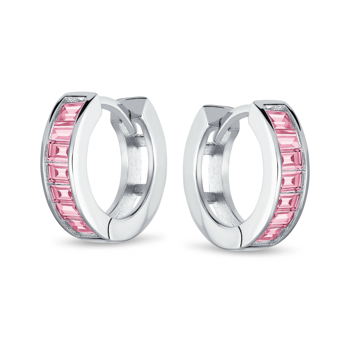 Set of 2 Baguette Cut Channel Set Blue & Pink CZ Hoop Earrings Sterling Silver