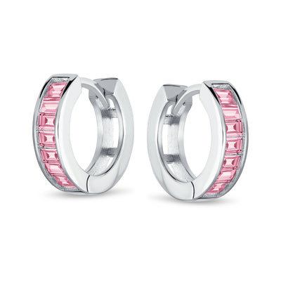 Set of 2 Baguette Cut Channel Set Blue & Pink CZ Hoop Earrings Sterling Silver