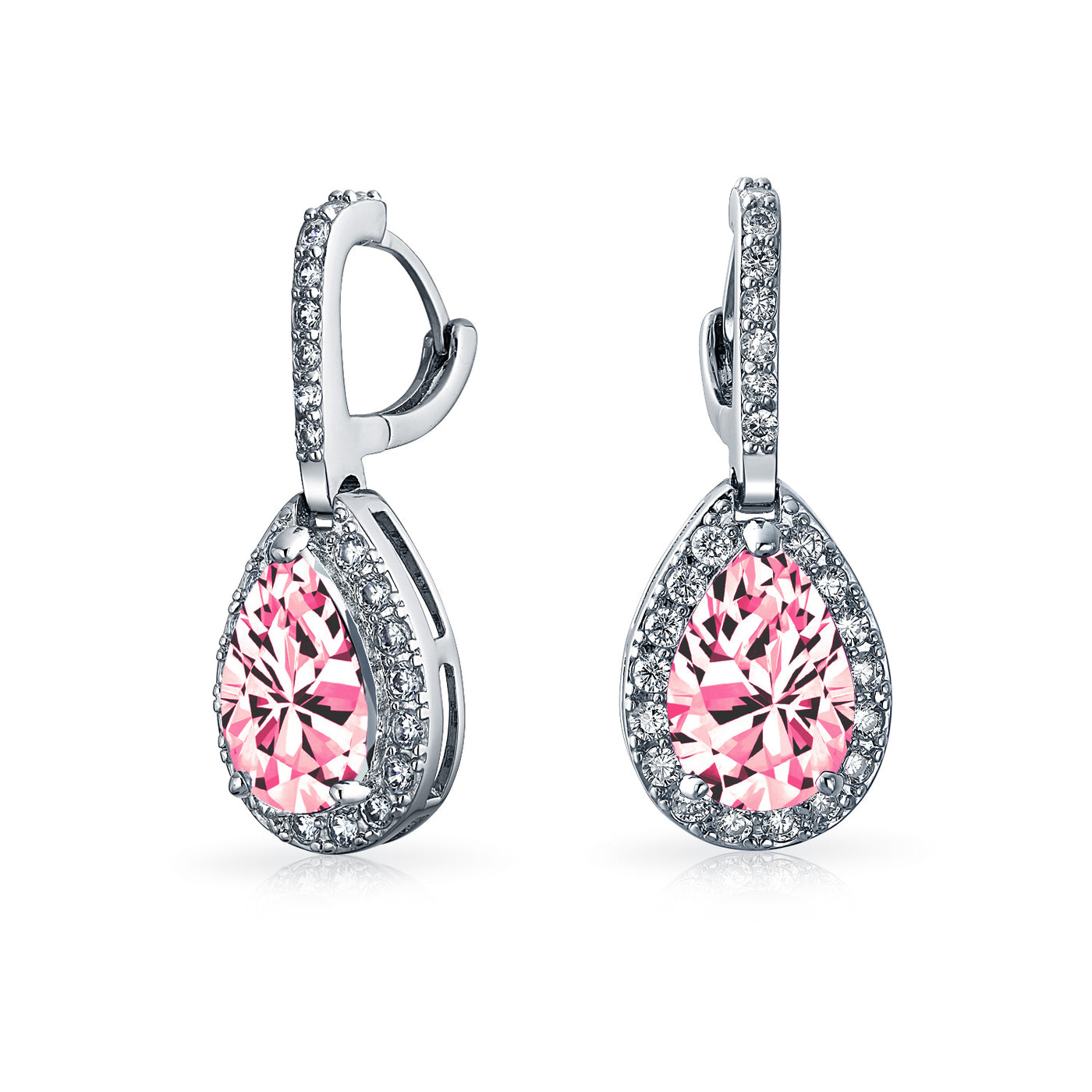 Set of 2 Teardrop Pave Cubic Zirconia CZ Green & Pink Hoop Earrings