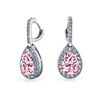 Set of 2 Teardrop Pave Cubic Zirconia CZ Green & Pink Hoop Earrings