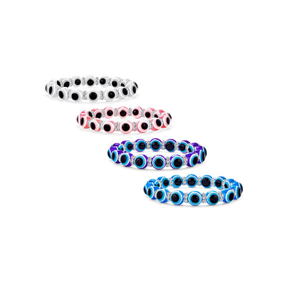 Set of 4 Blue Pink White Glass Bead Evil Eye Stretch Bracelet Crystal Spacers