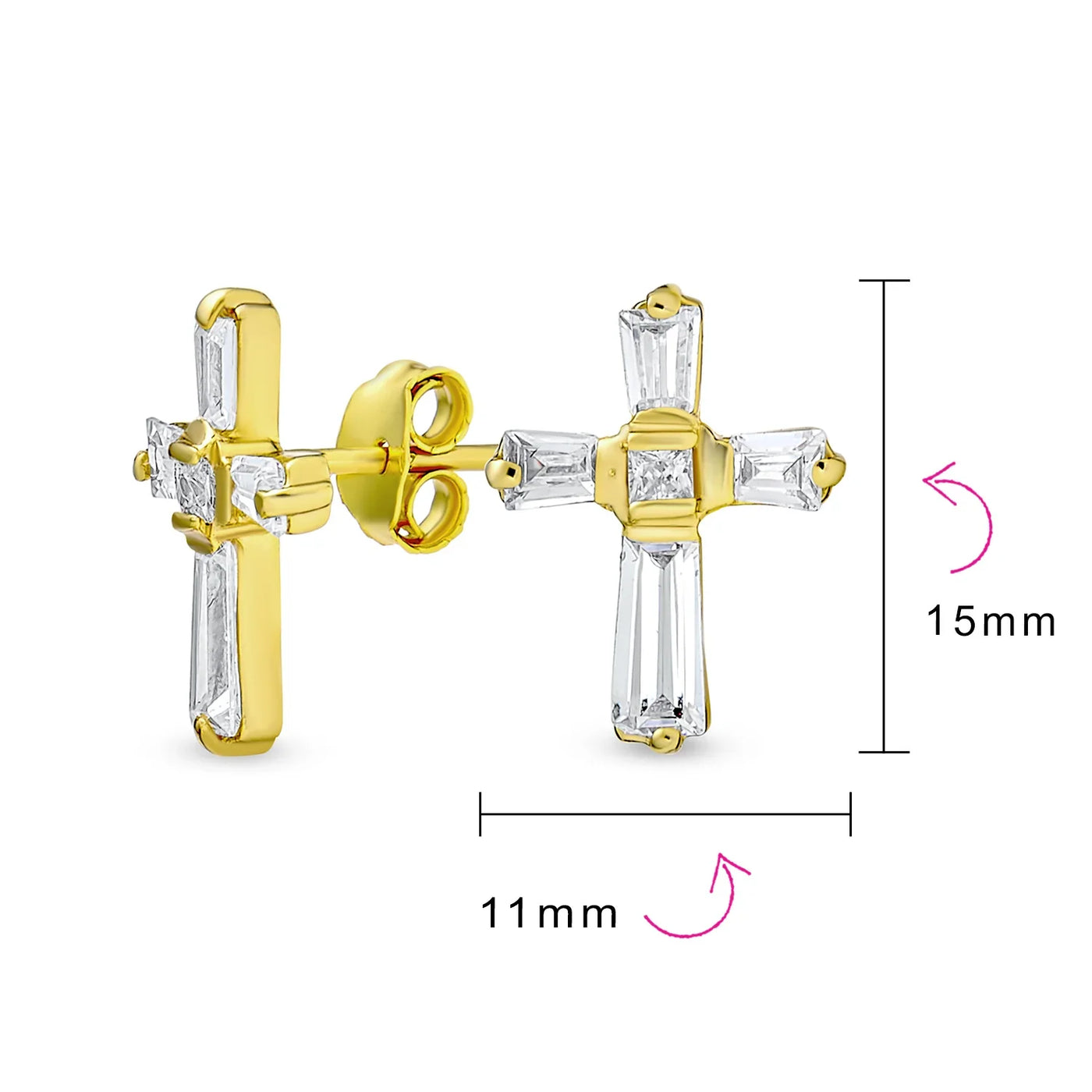 Accent CZ Baguette Small Cross Stud Earrings Yellow Gold Plated Sterling Silver - Bling Jewelry